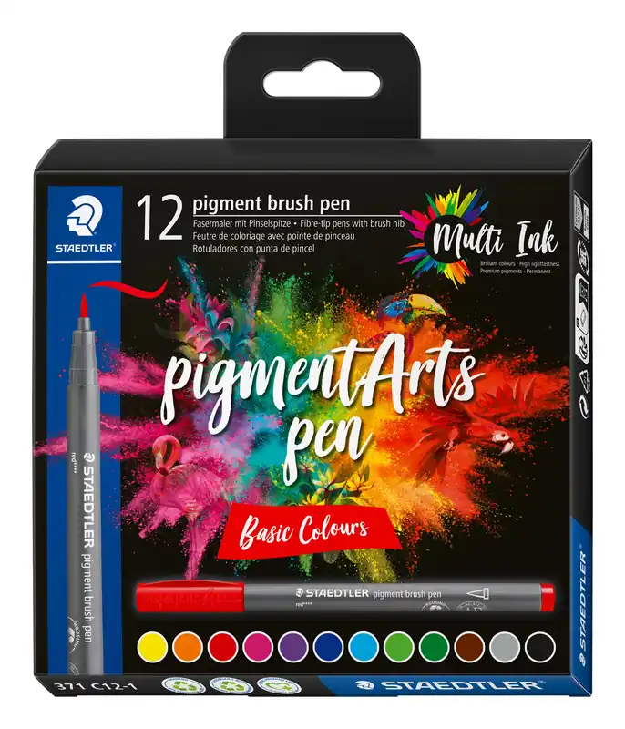 Retour Gratuit Pigment brush 371 - Etui carton 12 feutres pointe pinceau couleurs basiques assorties - Encre Multi Ink intense
