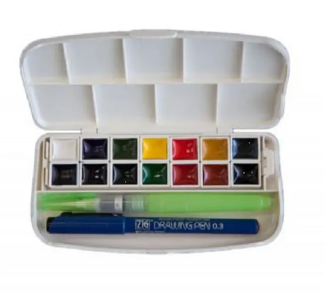 Vente Directe Boîte de voyage de 14 petits godets aquarelle Japonaise & accessoires