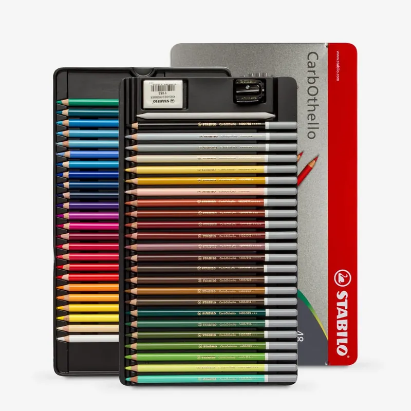 Réduction Stabilo Carbothello crayon pastel coffret en boîte métal de 48 avec taille-crayon et gomme