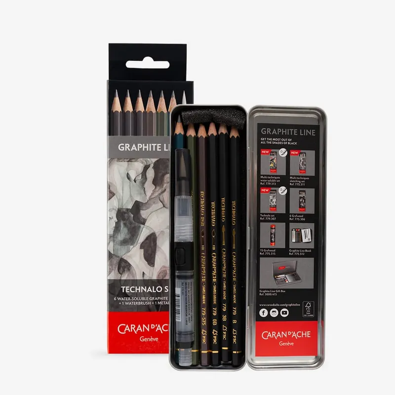 Caran d‘Ache Technalo Crayon graphite aquarellable (soluble à l’eau) Boîte métallique de 7 Retour Gratuit