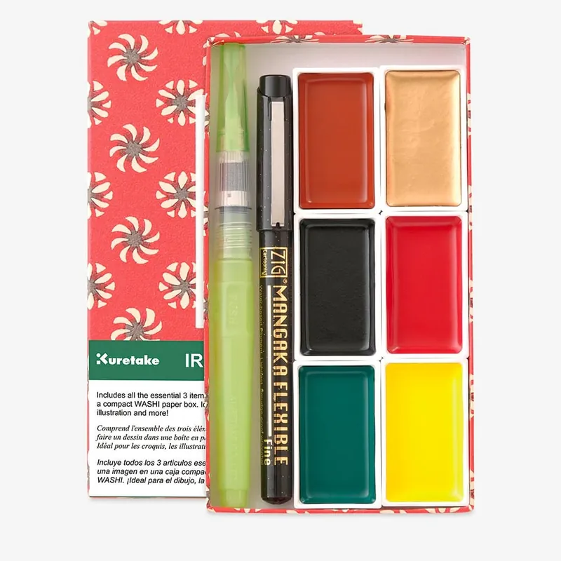 Kuretake Irodori Kobako rouge lot de 6 godets d’aquarelle Gansai Tambi et 2 stylos Acheter En Ligne